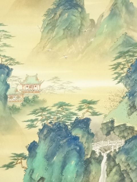 絹本肉筆　青緑山水　藍濤落款　掛軸　木箱入　送料込み250622 絹本肉筆 青緑山水 藍濤落款 掛軸 木箱入 送料込み250622