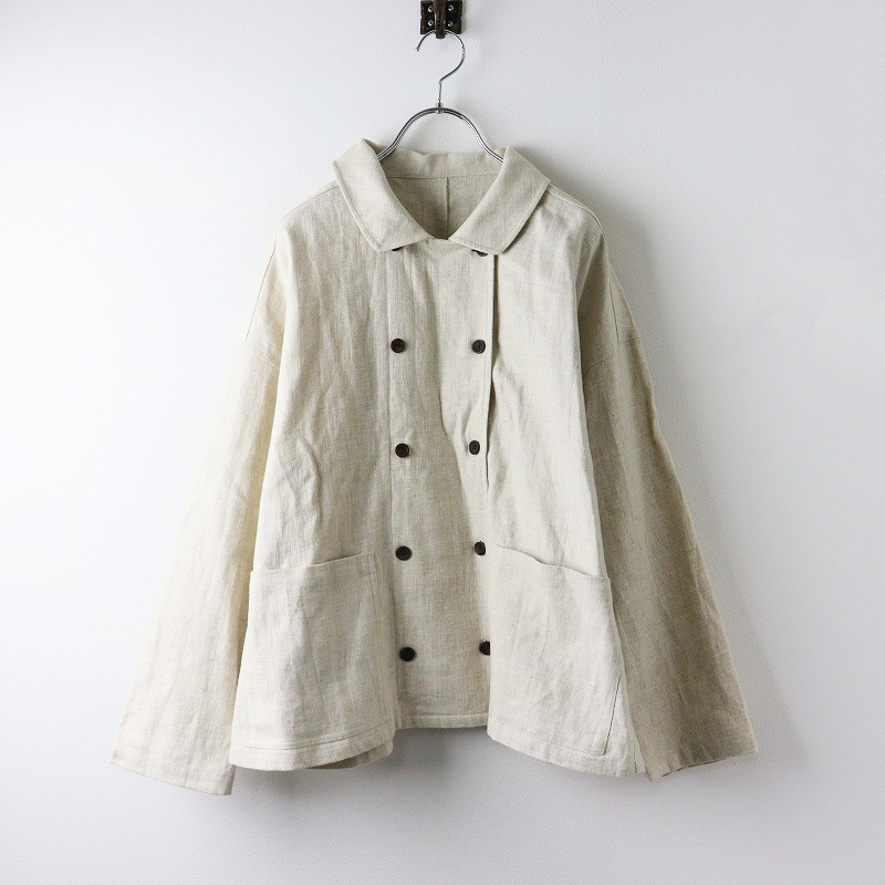 美品 ナチュラン エリフェ ELLIFE リネンコットン ダブルボタン ワイドシルエットジャケット F/ライトベージュ 綿麻【2400014220834】
