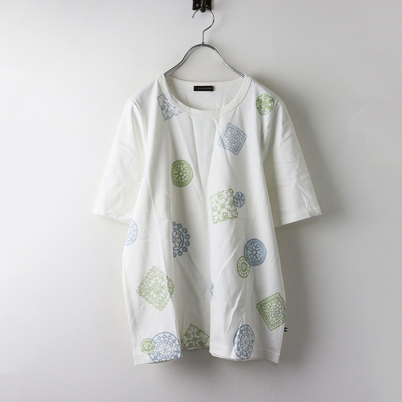 新品 大きいサイズ 定価9900円 2024年 グリーンノート green nout レースモチーフプリント半袖Tシャツ 13 ホワイト【2400014228717】