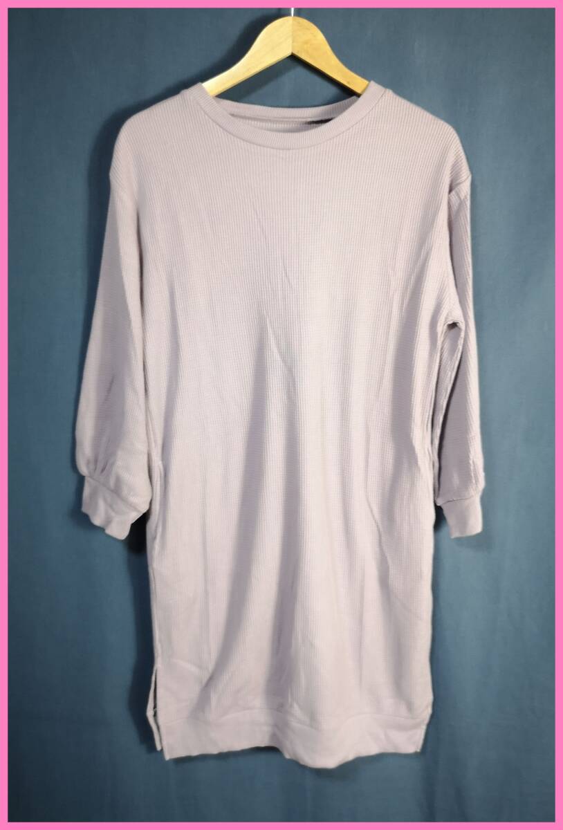 WHT‐５０‐３☆春秋☆新品☆送料込み☆即決☆ナチュラル系☆厚手のTシャツ素材☆Ｍ～Ｌ☆ワンピース☆パープルグレー系☆ワッフル生地