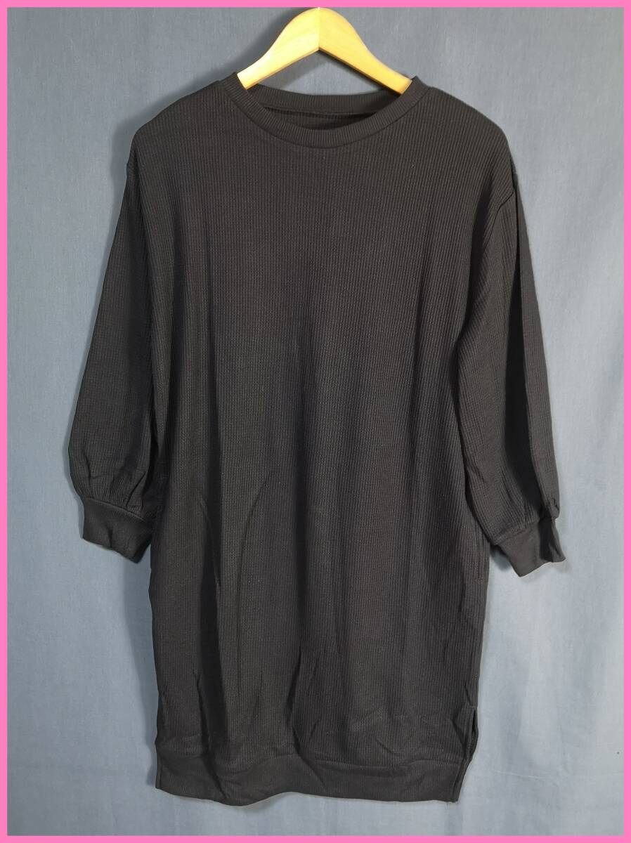 WHT‐５０☆春秋☆新品☆送料込み☆即決☆ナチュラル系☆厚手のTシャツ素材☆Ｍ～Ｌサイズ☆ワンピース☆ネイビー系☆ワッフル生地☆