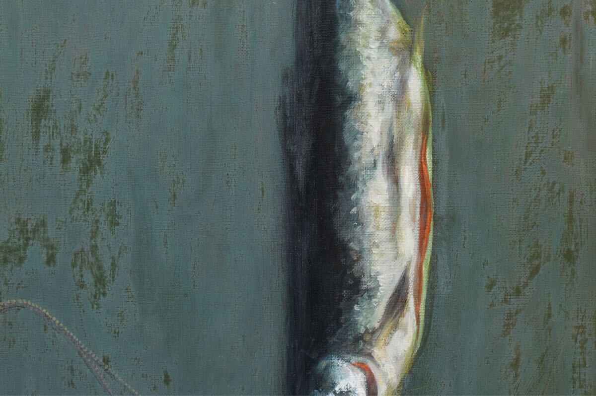 真作 友江久幸「魚」油絵 M8號(hào)(27.5cmx45.5cm) 本人直筆サインあり 大分県出身 二紀(jì)會(huì)會(huì)員 師:森本健二?鴨居玲#柴原晥 リアリズム逸品