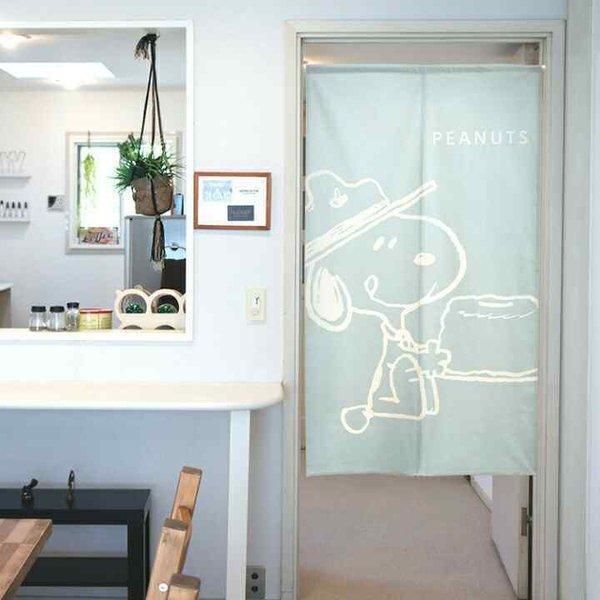 のれん 暖簾 スヌーピー キャラクター 洋風 洋柄 85cm幅 150cm丈 間仕切りカーテン Let's Eat 水色 SNOOPY PEANUTS(11413)