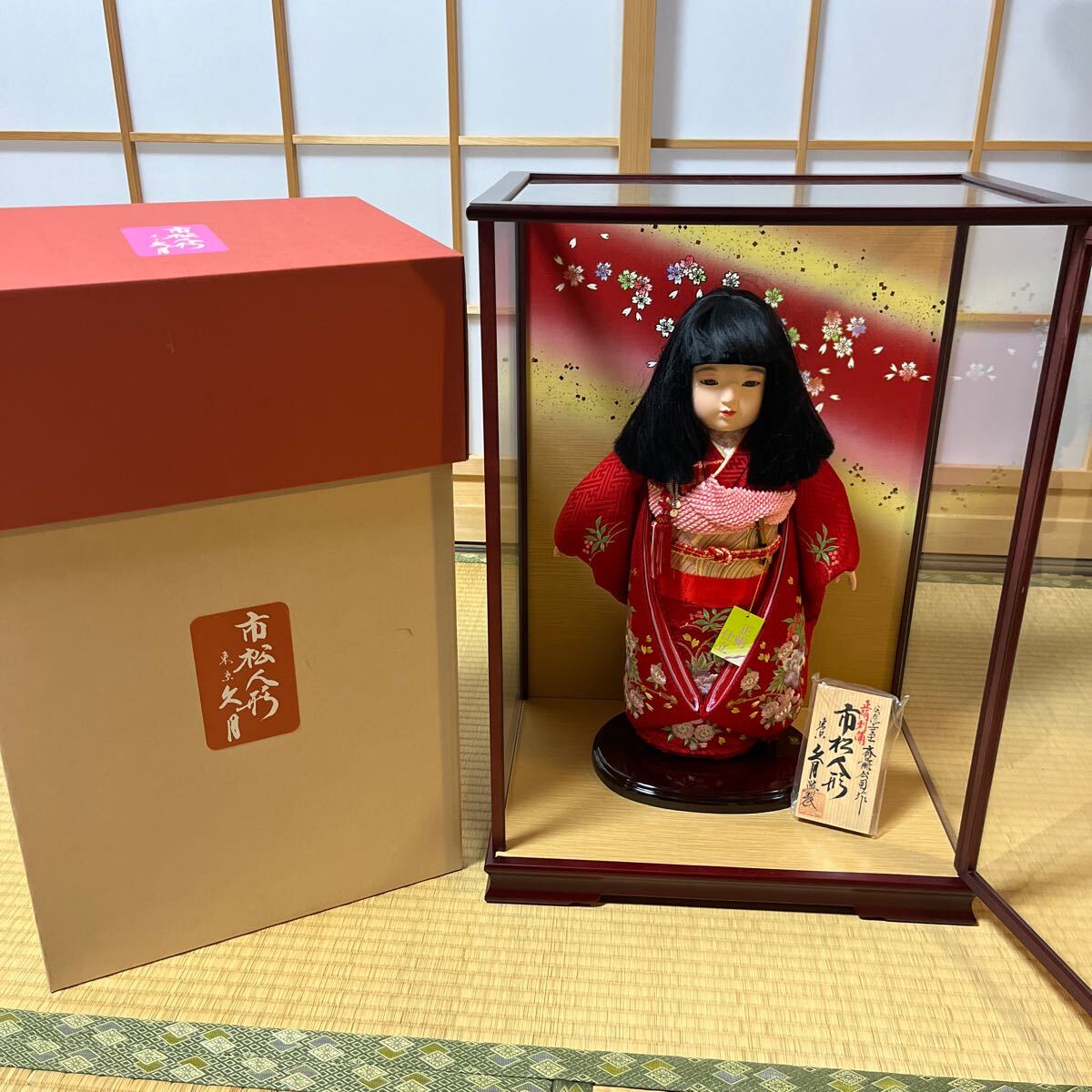 市松人形 日本人形 着物 ガラスケース付 女の子 人形 インテリア
