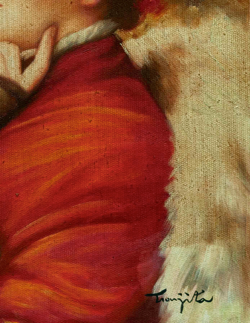 模写】藤田嗣治○作者不明○油絵 手描き『扇子の婦人』表サイン 模写】藤田嗣治○作者不明○油絵 手描き『扇子の婦人』表サイン