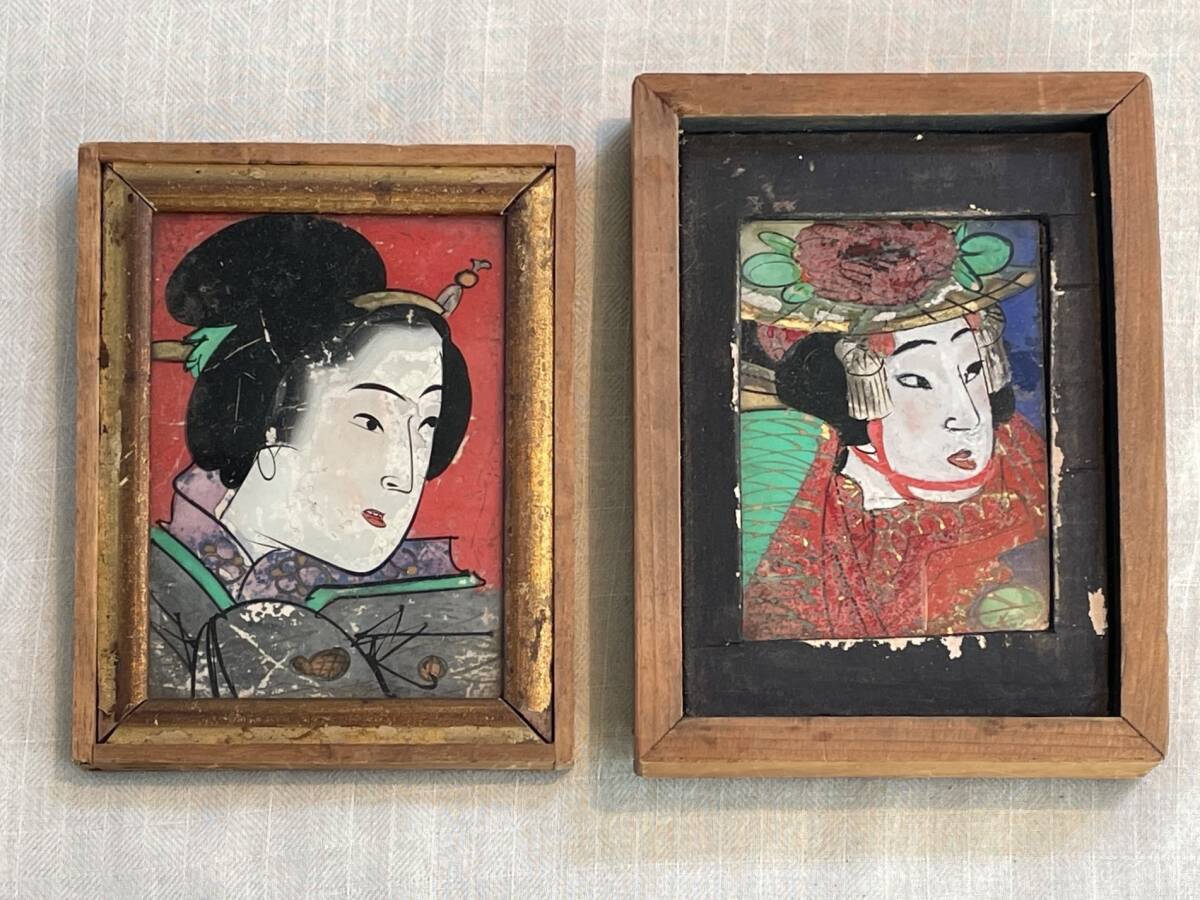 時代 硝子絵 美人画 2点 /木枠額装 ガラス絵 浮世絵 日本髪 時代 硝子絵 美人画 2点 /木枠額装 ガラス絵 浮世絵 日本髪