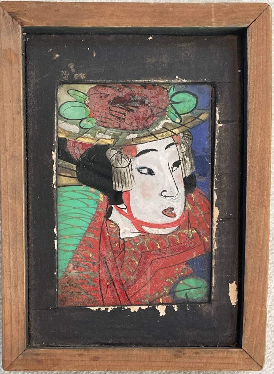 時代 硝子絵 美人画 2点 /木枠額装 ガラス絵 浮世絵 日本髪 時代 硝子絵 美人画 2点 /木枠額装 ガラス絵 浮世絵 日本髪