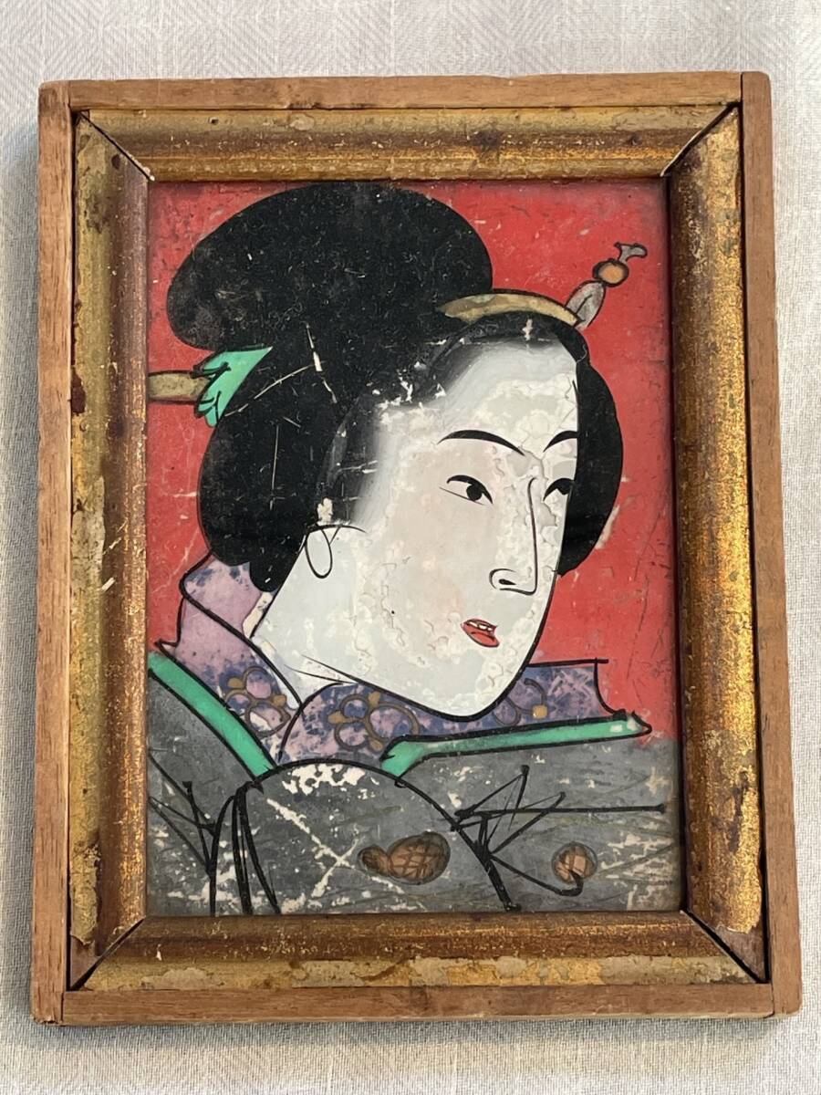 時代 硝子絵 美人画 2点 /木枠額装 ガラス絵 浮世絵 日本髪 時代 硝子絵 美人画 2点 /木枠額装 ガラス絵 浮世絵 日本髪