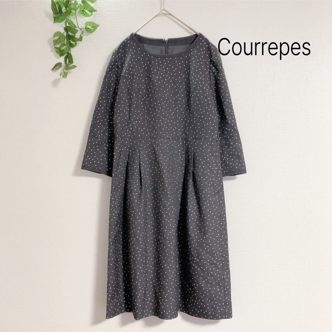 TY0536 －大特価ー ウール★シルク 【クレージュ】 Courreges フレアワンピース (L) ドット柄 グレー 七分袖 Aライン ミディ丈 TYLOT5