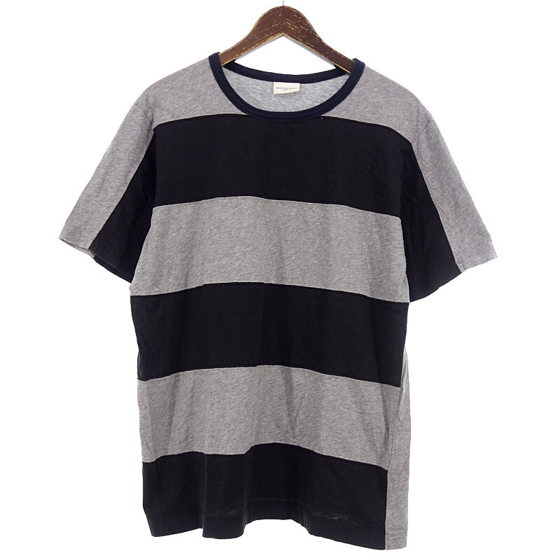 DRIES VAN NOTEN ボーダー パッチワーク 切替 コットン クルーネック Tシャツ グレー×ブラック サイズ メンズ-