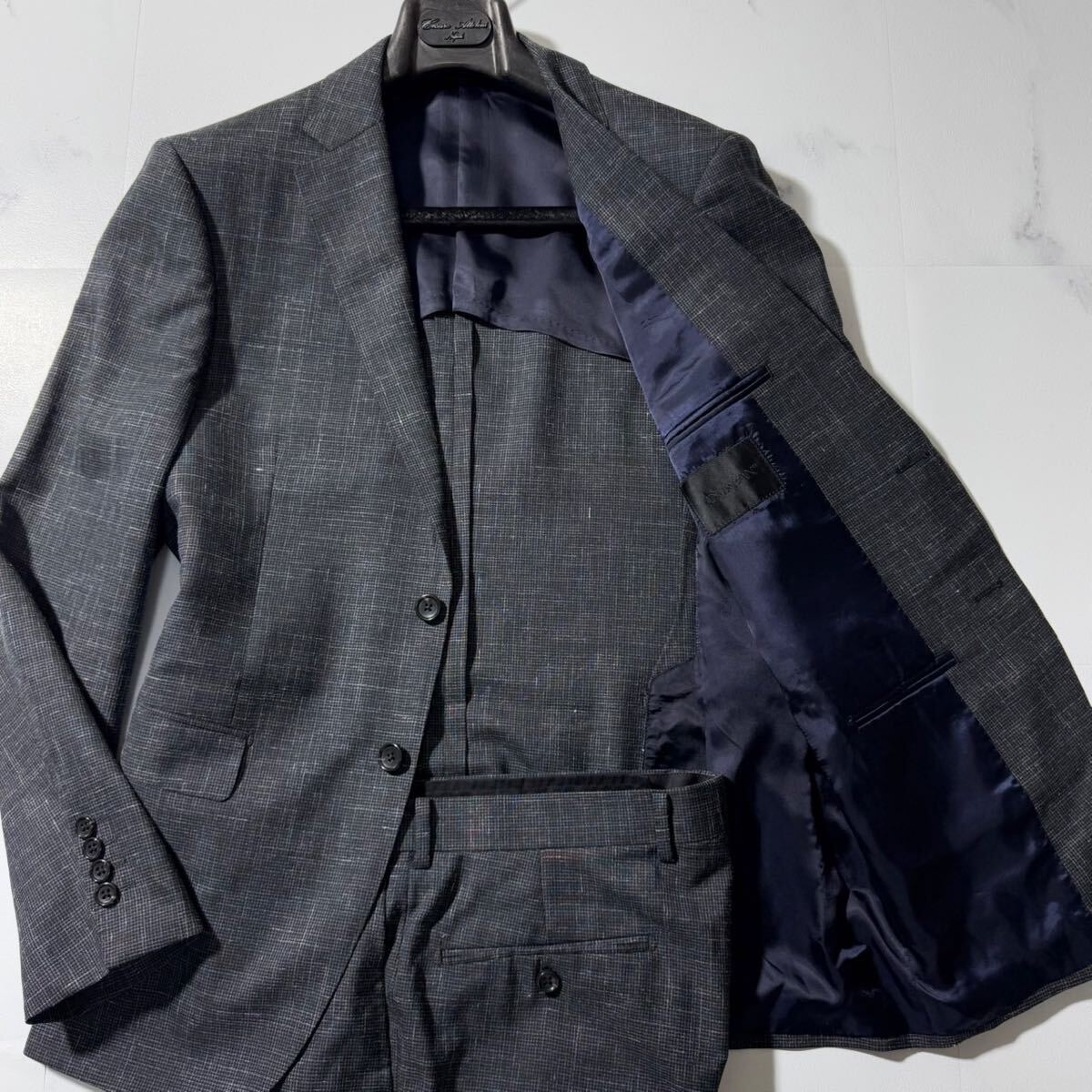 定価15万!!!紳士の必需品!!!【ダーバン DARBUN】最高峰の極上リネン!!! チェック スーツ セットアップ L
