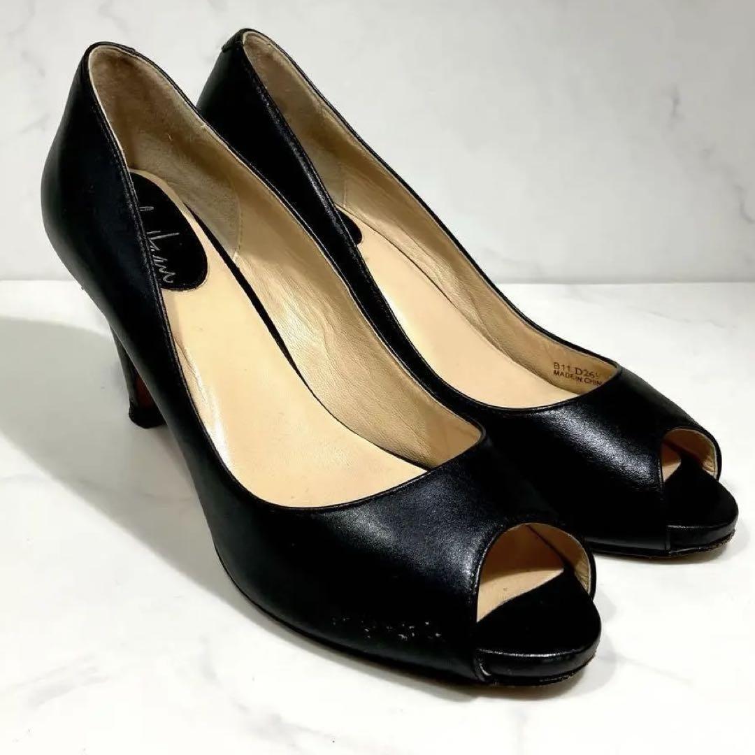 137即日発送COLE HAAN コールハーン レザーパンプス　オープントゥ　ハイヒール　ピンヒール　黒　ブラック　22.5cm 【5 1/2】