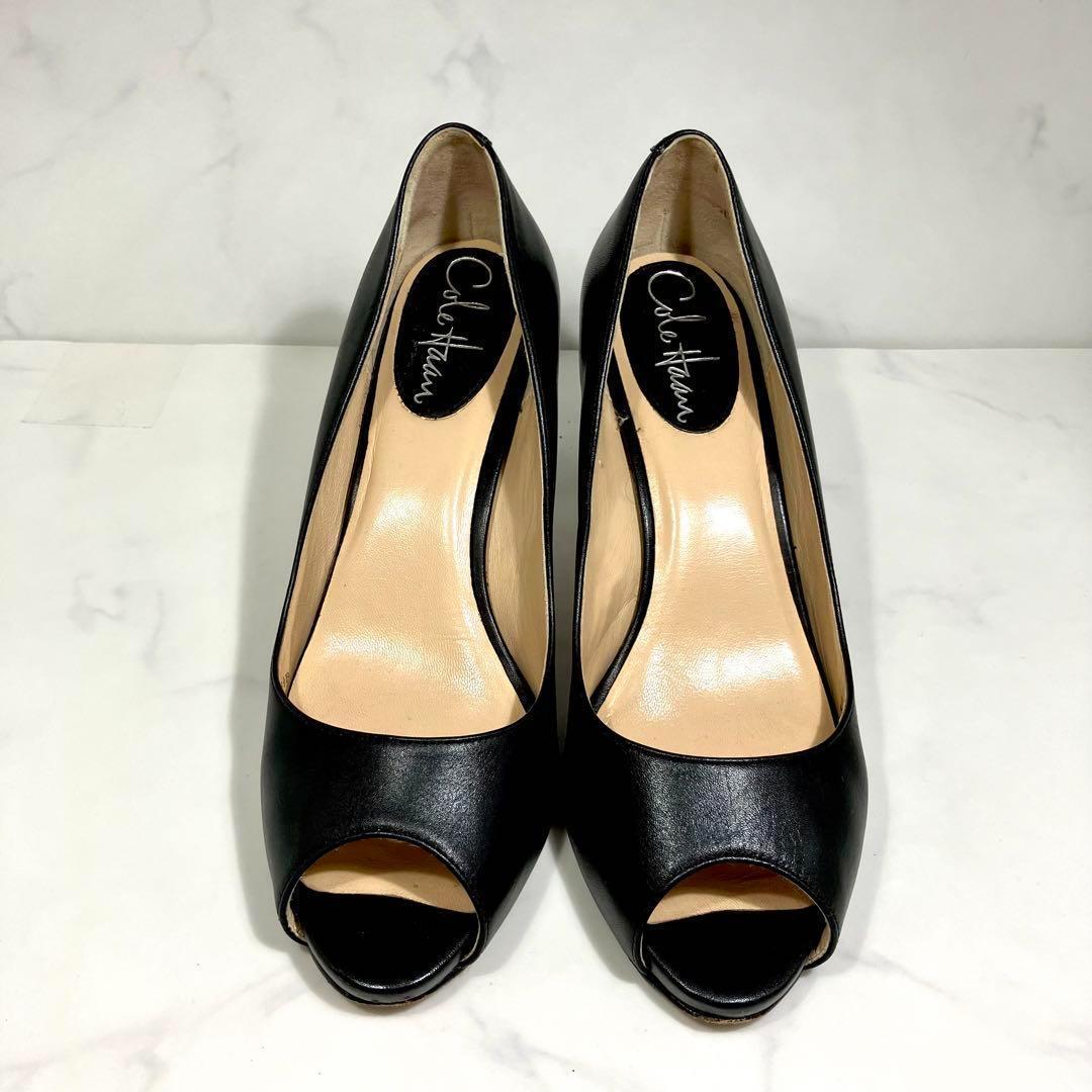 137即日発送COLE HAAN コールハーン レザーパンプス　オープントゥ　ハイヒール　ピンヒール　黒　ブラック　22.5cm 【5 1/2】