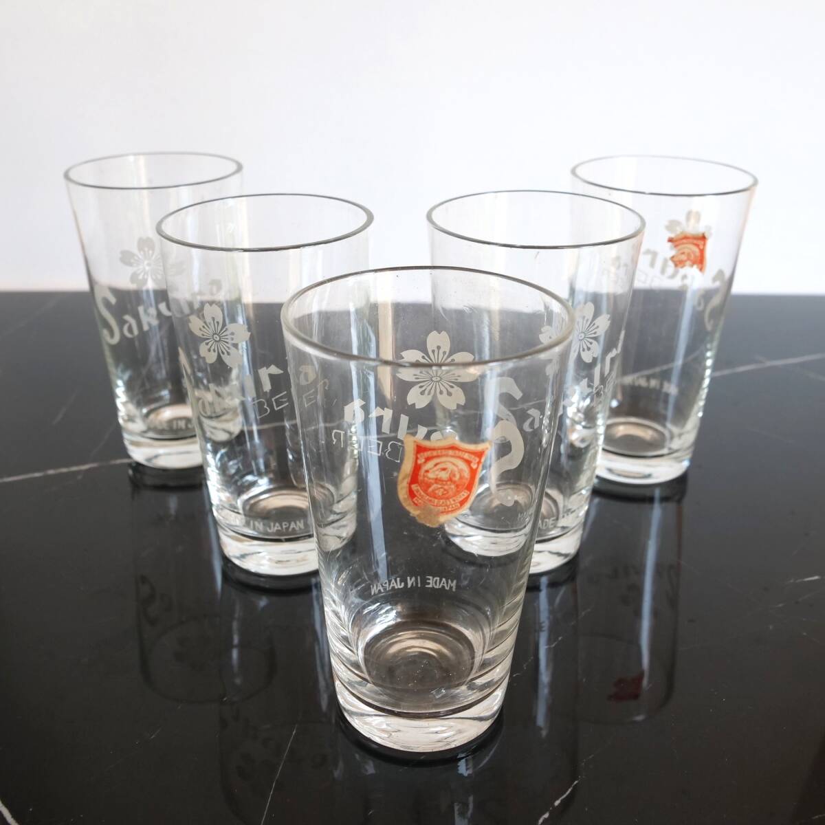 ★戦前 サクラビール ビールグラス 5個 未使用コップ シール付き 和ガラス -14