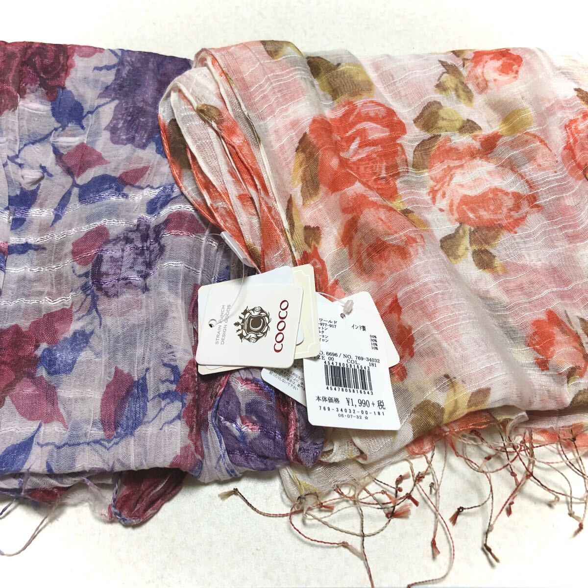 2枚セット 未使用　COOCO オレンジローズ　パープルボルドー　薔薇柄スカーフ grove