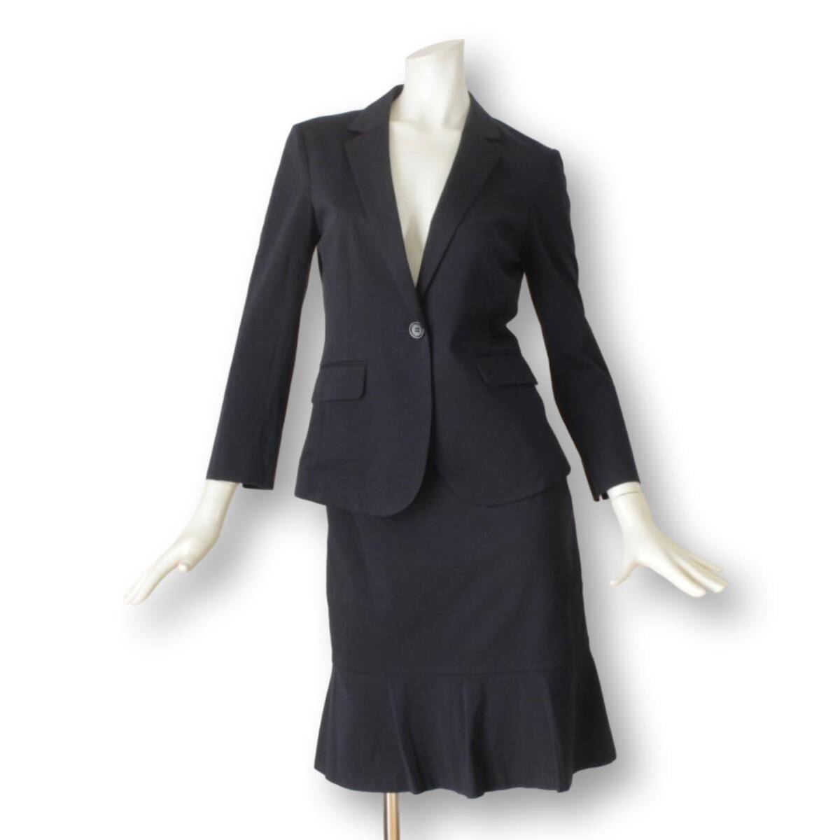 20【美品】アンタイトル スカートスーツ 2 濃紺 ダークネイビー M ストレッチ コットン 面接 ビジネス tqe UNTITLED 春夏秋 ★美品★