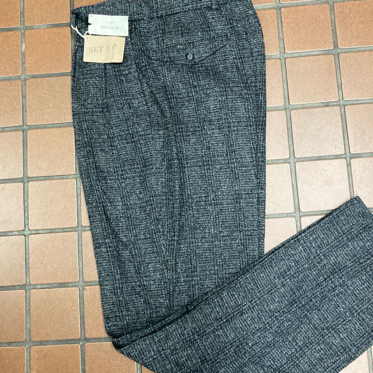 ｛新品｝カジュアル ビジネス スラックス サイズ M(76cm) 2タック毛 100% A-ONE CORPORATION ツィード 肉厚生地 大格子柄チャコールグレイ_画像2