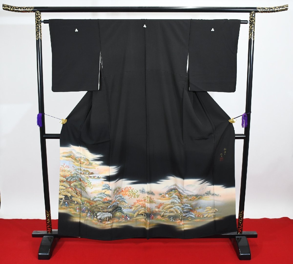 黒留袖 結婚式 追いかける少年 源氏物語 リメイク素材 身丈153cm 裄丈63cm ★着物 e-1197 桜庭呉服店