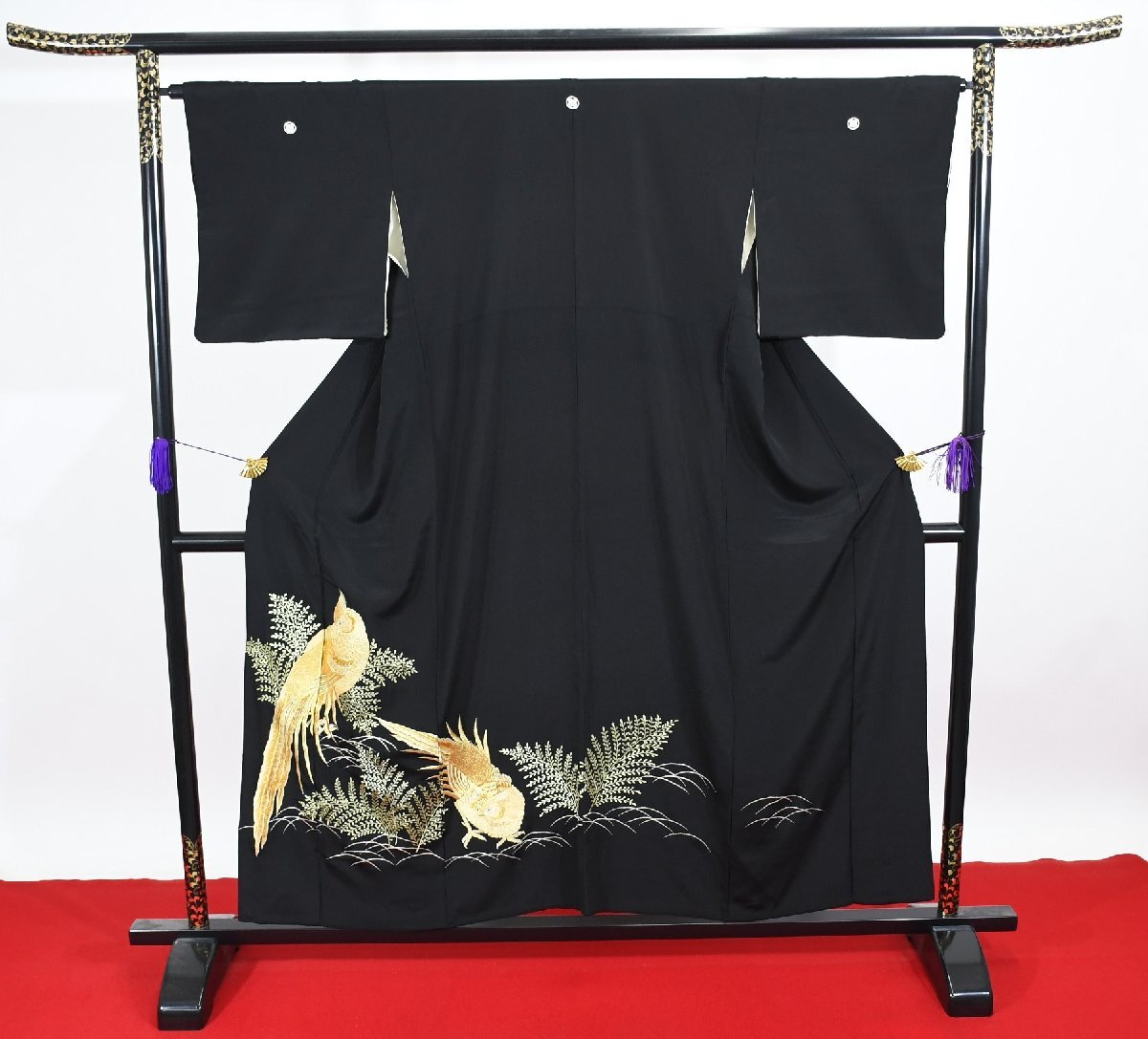 黒留袖 結婚式 刺繍 芝文 鳥 鴛鴦 金糸 正絹 身丈148cm 裄丈66cm ★着物 e-1202 桜庭呉服店