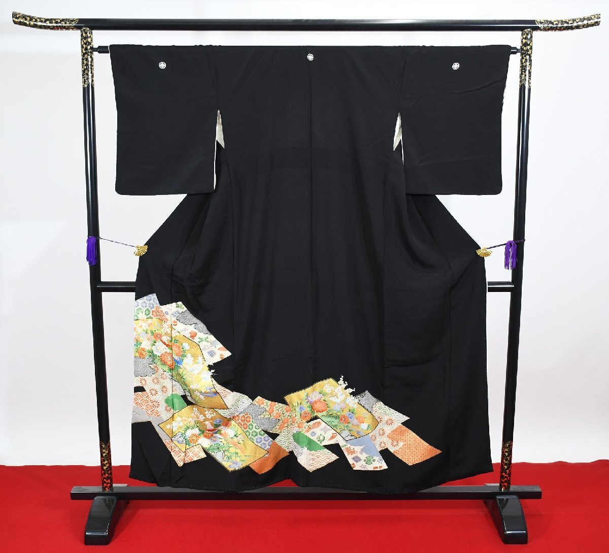 黒留袖 結婚式 扇 絵 金彩 正絹 身丈148cm 裄丈65cm ★着物 e-1200 桜庭呉服店