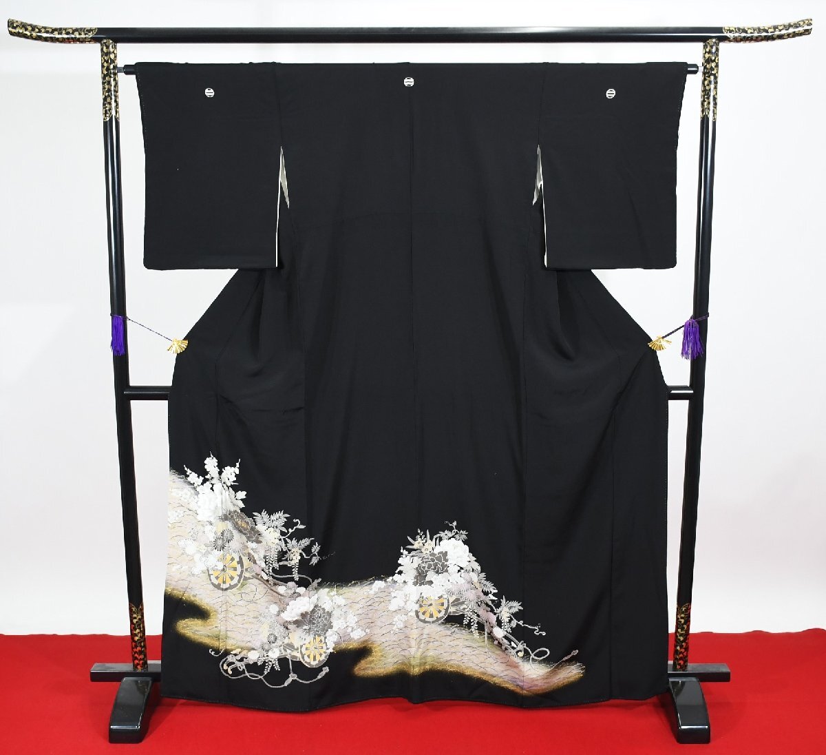 黒留袖 結婚式 花車 身丈159cm 裄丈65cm ★着物 e-1186 桜庭呉服店