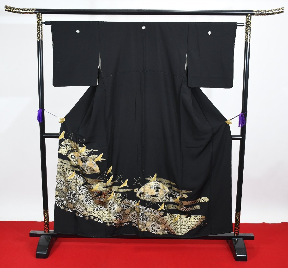 黒留袖 結婚式 金彩 鶴 扇子 花 身丈151cm 裄丈62cm ★着物 e-1183 桜庭呉服店