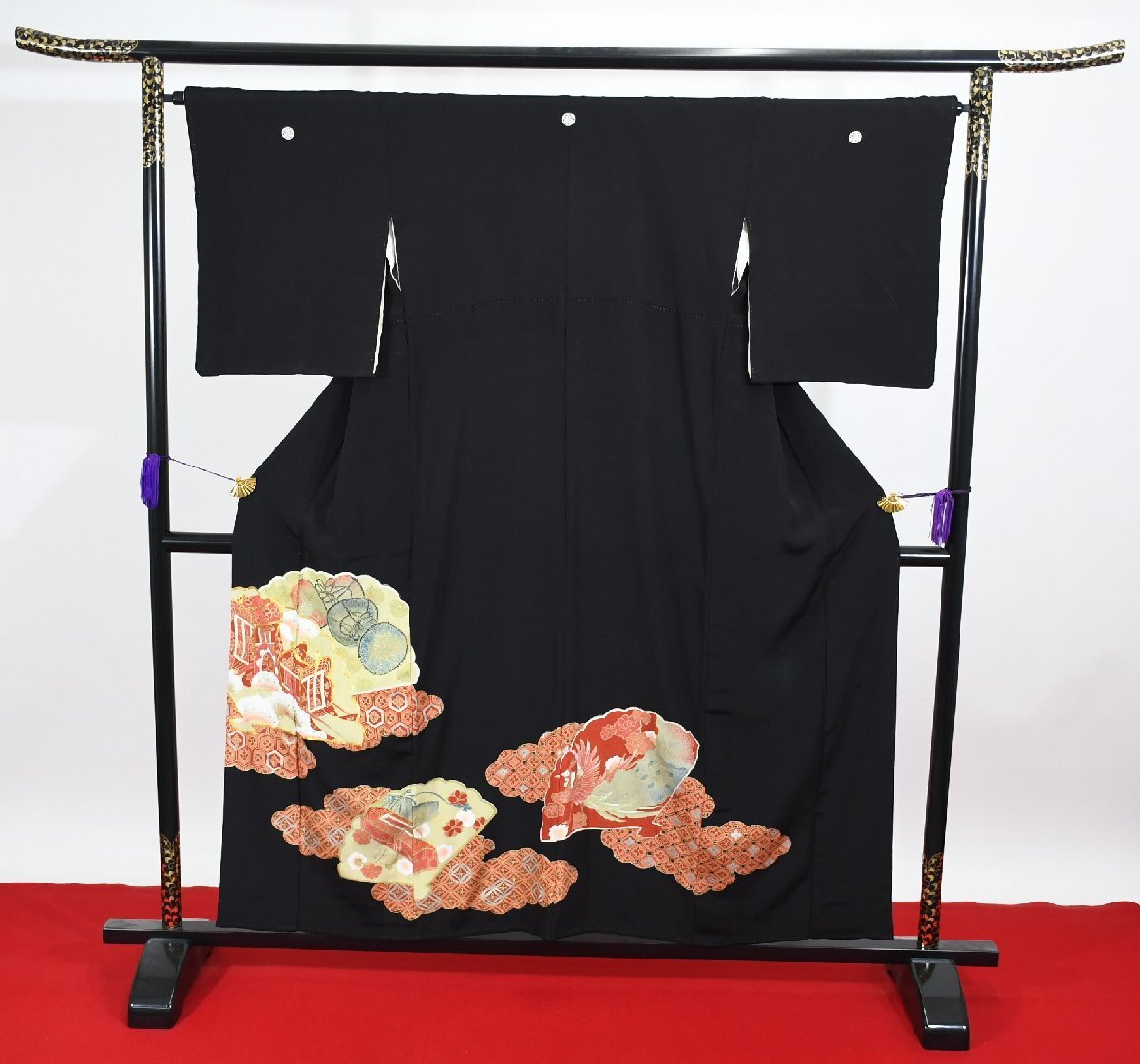 黒留袖 結婚式 孔雀 扇 身丈150cm 裄丈66cm ★着物 e-1178 桜庭呉服店