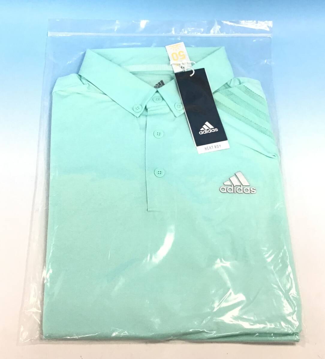 未使用 アディダス ゴルフ 半袖 ポロシャツ Lサイズ CLEMIN クリアミント HEAT. RDY UPF50 ロゴ ゴルフウェア adidas GOLF