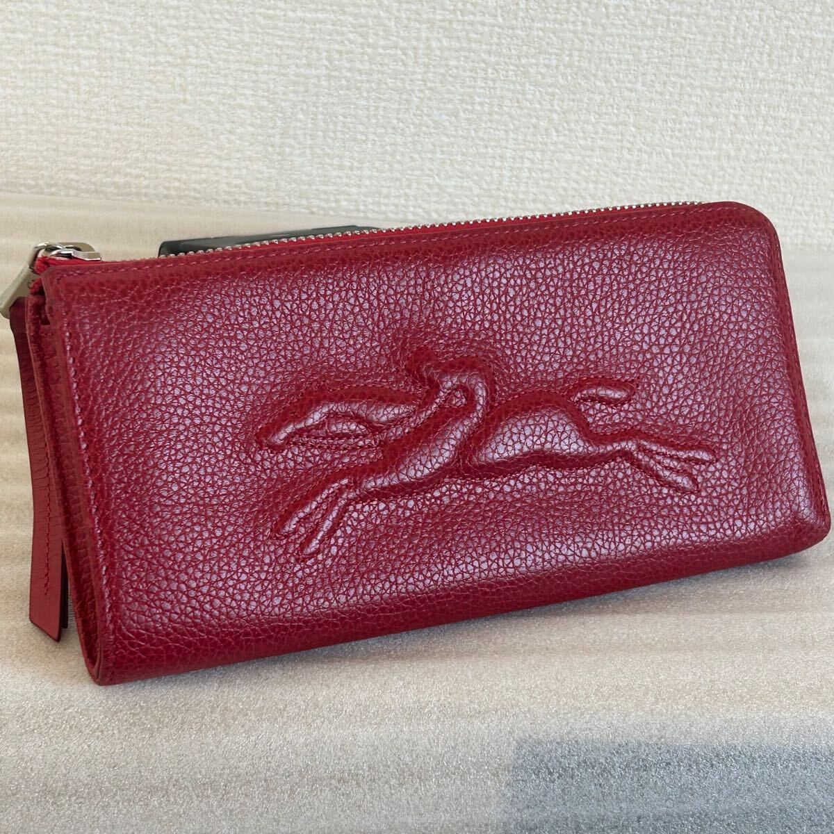 1000円〜 LONGCHAMP 長財布 ロンシャン L字ファスナー長財布 型押し レッド レザー 札入れ 小銭入れ インバッグ 服飾小物
