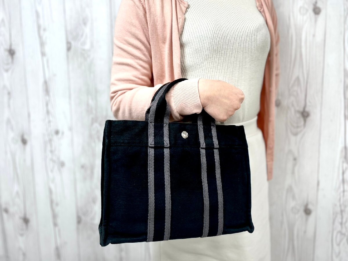 極美品 HERMES エルメス フールトゥPM ハンドバッグ トートバッグ バッグ キャンバス 黒×グレー 79780Y