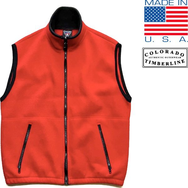 1点物◆USA製ビンテージ90s赤フリースベスト中古ジレ古着メンズMLレディースOKアメカジ90sストリートスポーツブTIMBERLINEジャケット348044