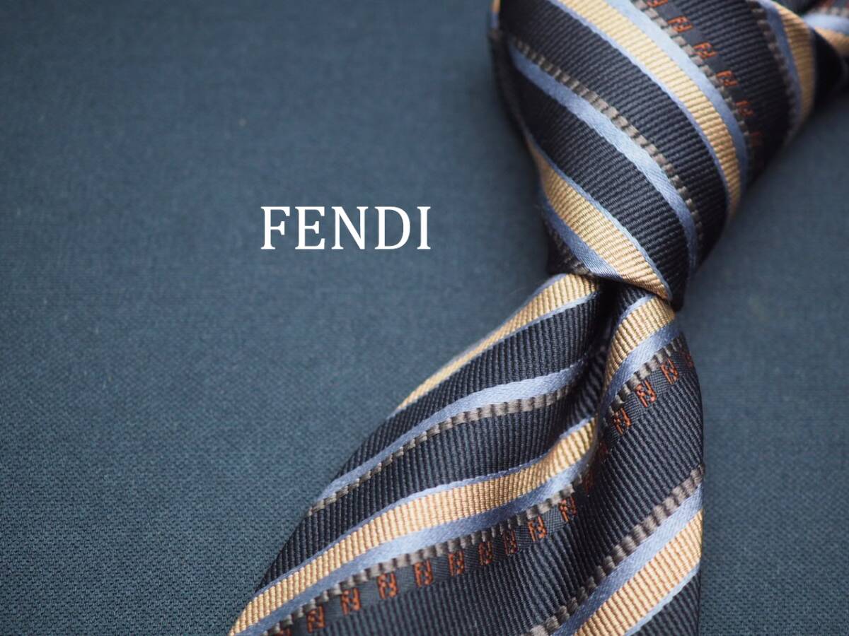 美品【FENDI フェンディ】 C1332 ブラック シャンパン SILK ブランド ネクタイ 古着 良品