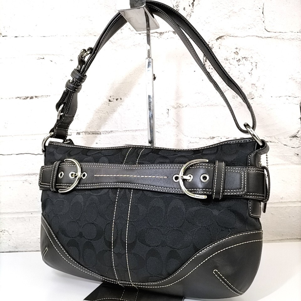 C Φ 【 COACH 】 コーチ シグネチャー 総柄 ソーホー 一部 レザー ワンショルダー 肩掛け トートバッグ 婦人鞄 ブラック 黒系