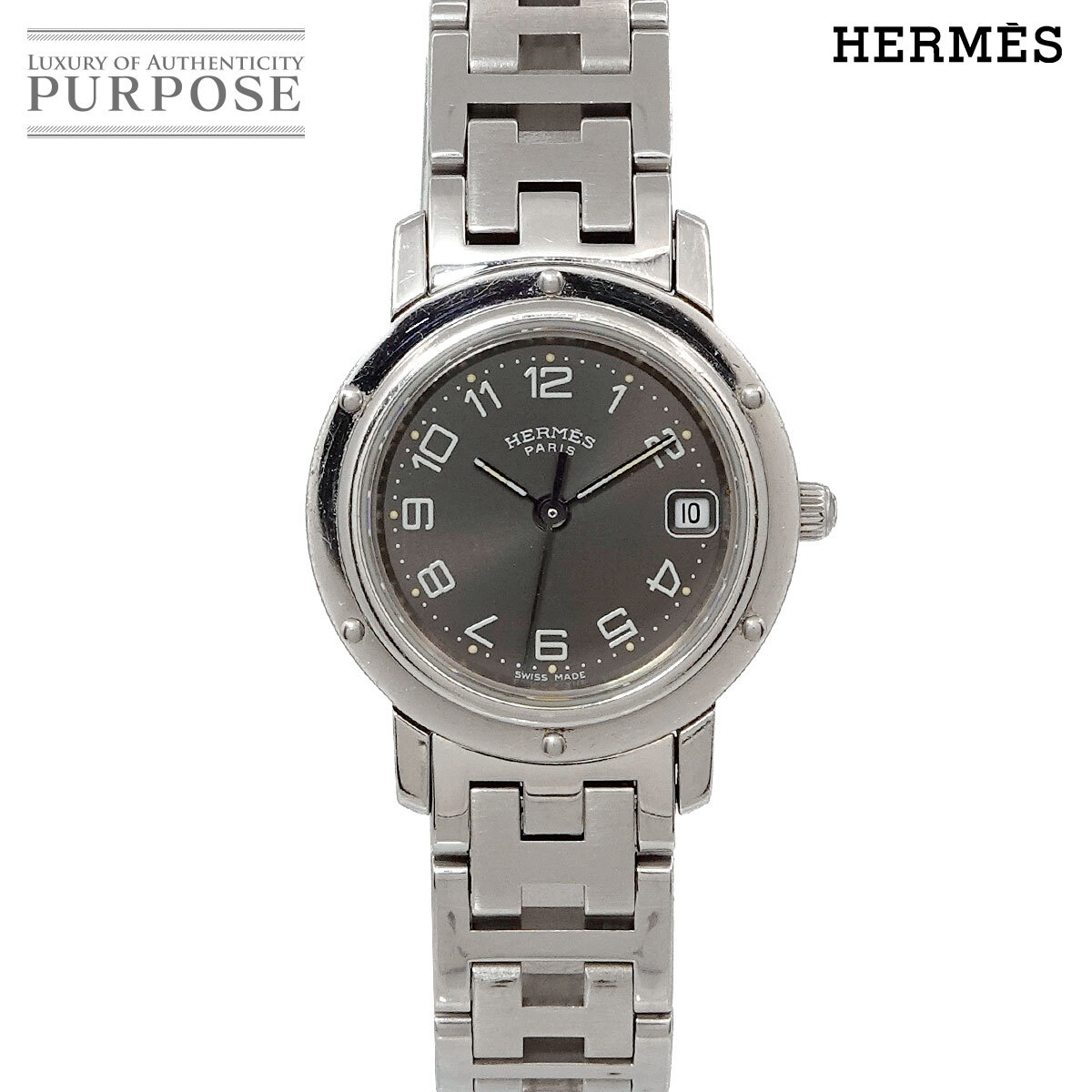 エルメス HERMES クリッパー CL4 210 ヴィンテージ レディース 腕時計 デイト グレー クォーツ ウォッチ Clipper 90259045
