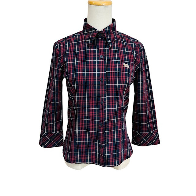 中古 バーバリーブルーレーベル BURBERRY BLUELABEL 七分袖 シャツブラウス クリーニング済み チェック総柄 レディース サイズ38