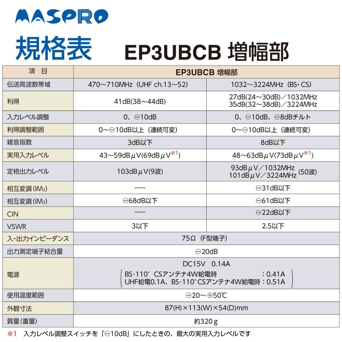 マスプロ UHF/BS(CS) ブースター EP3UBCB　41dB　4K?8K対応　2段階切替