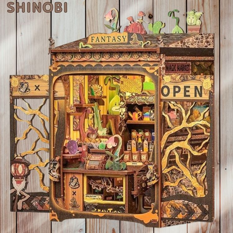 ブックヌックキット ドールハウスキット ミニチュア ハウスキット テーマ:「ワンダフル・プラント・ショップ」 アートワーク LEDライト付
