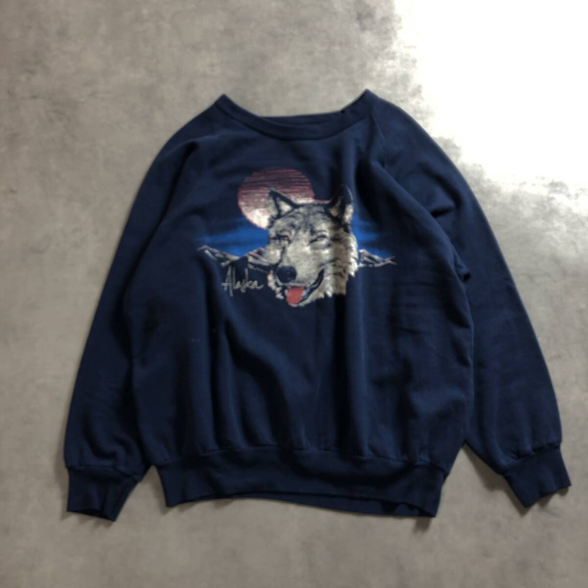 GQ1361◇KUSTOM : 80's～90's ヴィンテージ Alaska ウルフスウェット◇L◇ネイビー系 アラスカ