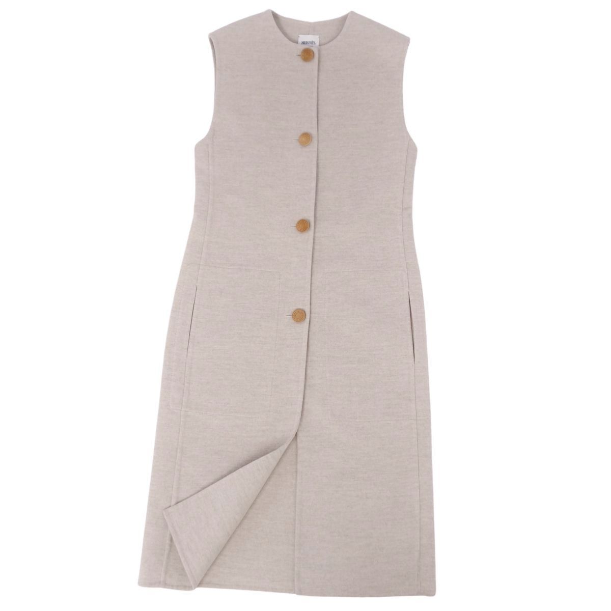 極美品 エルメス HERMES 23AW コート ベスト ロングジレ ノースリーブ セリエボタン カシミヤ アウター レディース 34 cf12or-rm10f12675