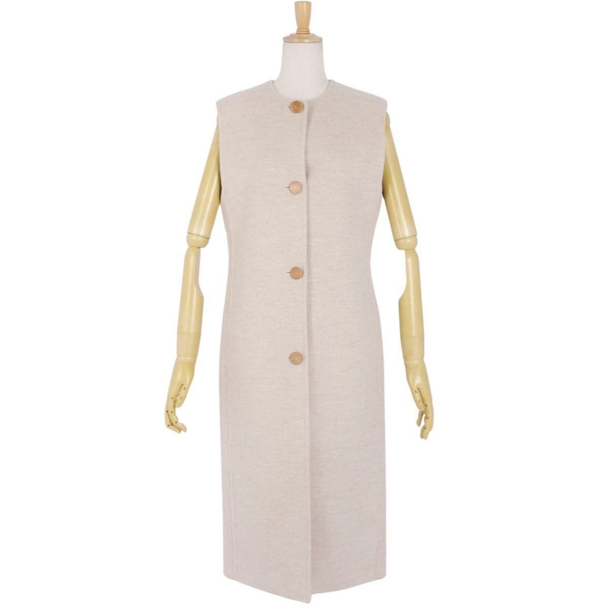 極美品 エルメス HERMES 23AW コート ベスト ロングジレ ノースリーブ セリエボタン カシミヤ アウター レディース 34 cf12or-rm10f12675