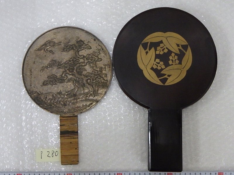 通販でクリスマス 銅鏡 鶴文 天下一中嶋和泉吉次 P0280 面径18.3cm 三 手鏡 古鏡 アンティーク雑貨