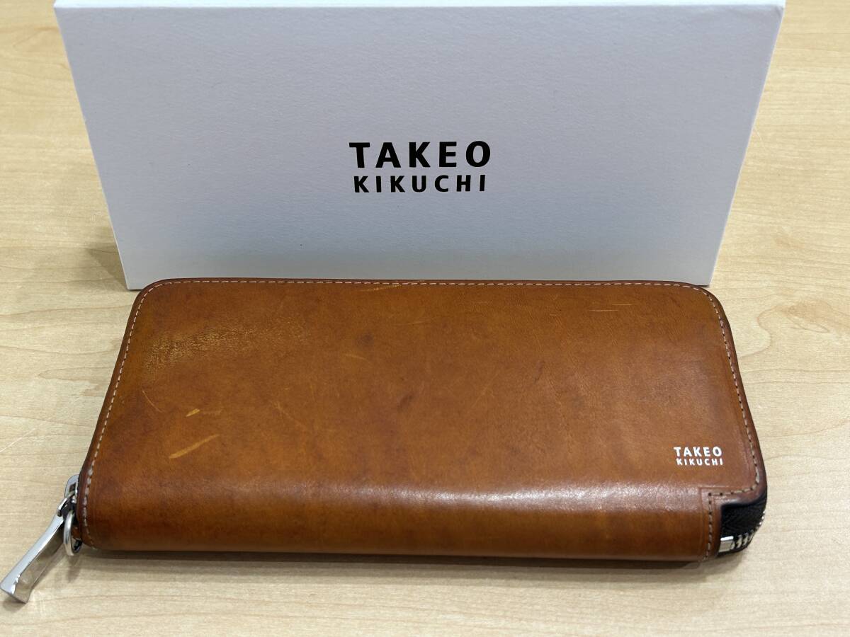 【26327】タケオキクチ 長財布 TAKEO KIKUCHI レザー 牛革 ブラウン キャメル ラウンドファスナー