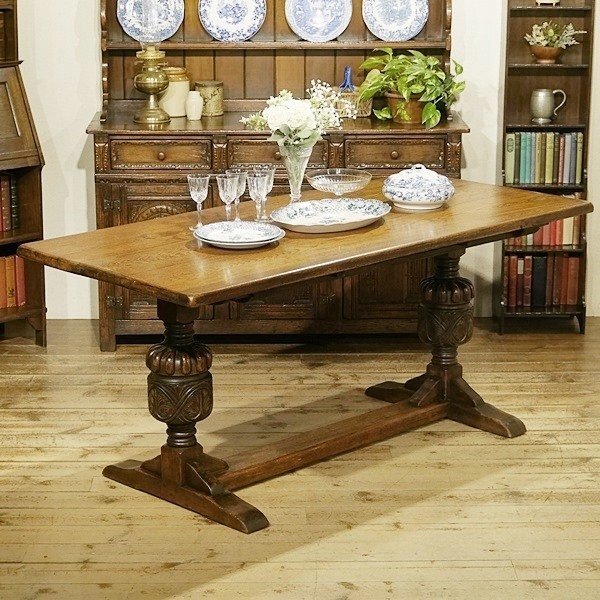 英国イギリスアンティーク家具 バルボスレッグ ダイニングテーブル リフェクトリーテーブル オーク材無垢 B241W