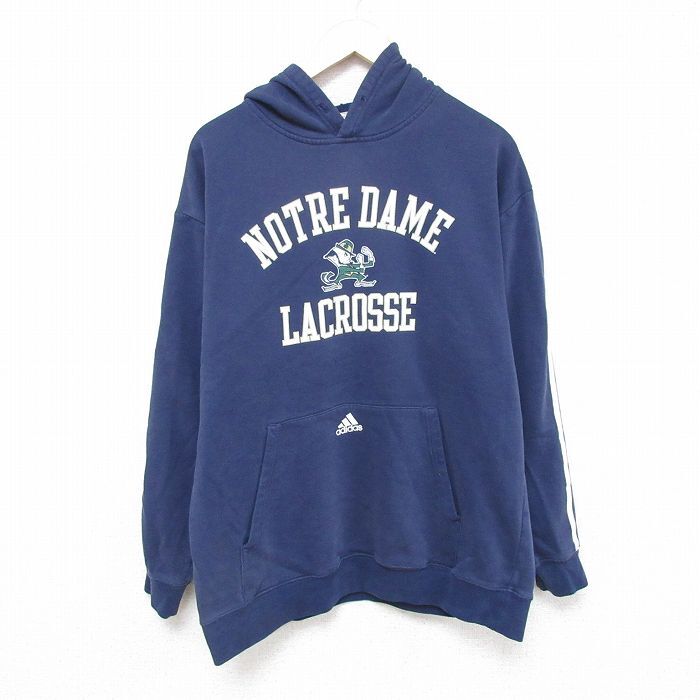 L/古着 アディダス adidas 長袖 スウェット パーカー メンズ 00s ノートルダム ファイティングアイリッシュ 紺 ネイビー 3本ライン 24dec28
