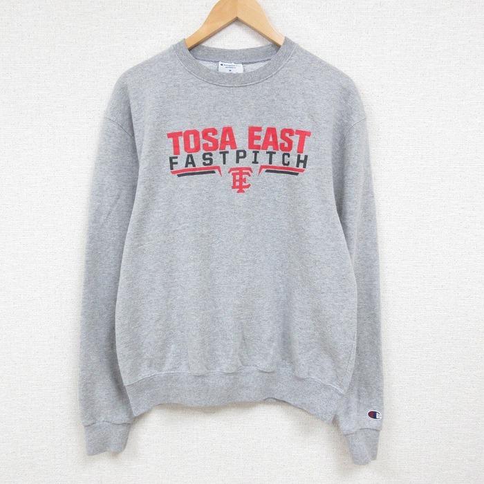 L/古着 チャンピオン Champion 長袖 スウェット メンズ TOSA EAST ソフトボール クルーネック グレー 霜降り 25jan06 中古 スエット トレー