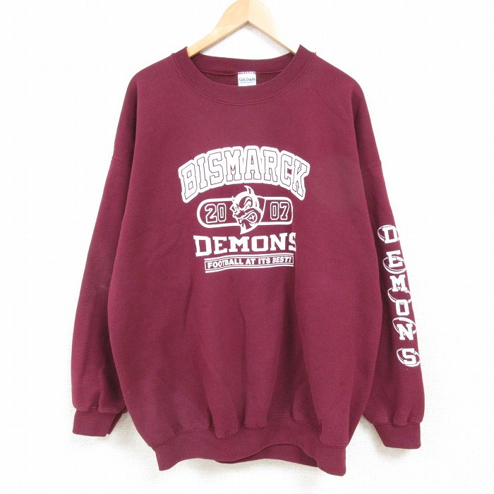 XL/古着 長袖 スウェット メンズ 00s BISMARCK DEMONS フットボール 大きいサイズ クルーネック エンジ 25jan06 中古 スエット トレーナー