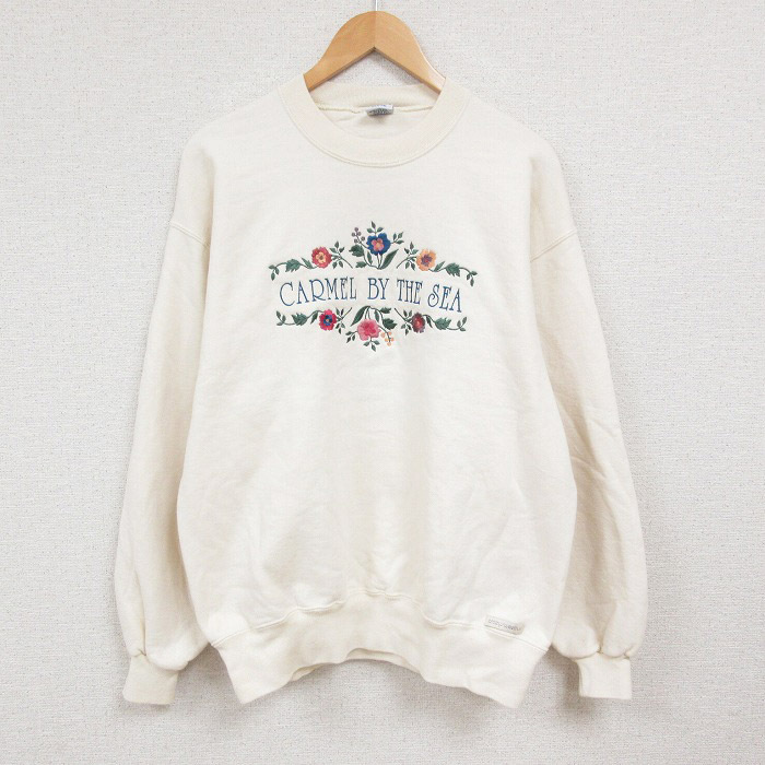 L/古着 Crazy Shirts 長袖 スウェット メンズ カーメルバイザシー 花 刺繍 クルーネック 生成り 25jan06 中古 スエット トレーナー トップ