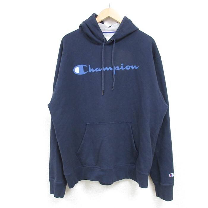 L/古着 チャンピオン Champion 長袖 スウェット パーカー メンズ 00s ビッグロゴ 紺 ネイビー 25jan08 中古 スエット トレーナー トップス