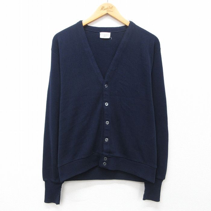 M/古着 長袖 ニット カーディガン メンズ 90s 無地 アクリル 紺 ネイビー 25jan17 中古 トップス