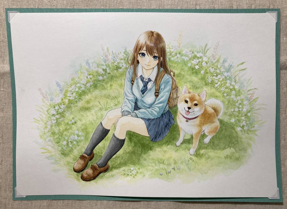 手描きイラスト◇オリジナル『女子高校生と柴犬』サイズ:20.0cm 手描きイラスト◇オリジナル『女子高校生と柴犬』サイズ:20.0cm